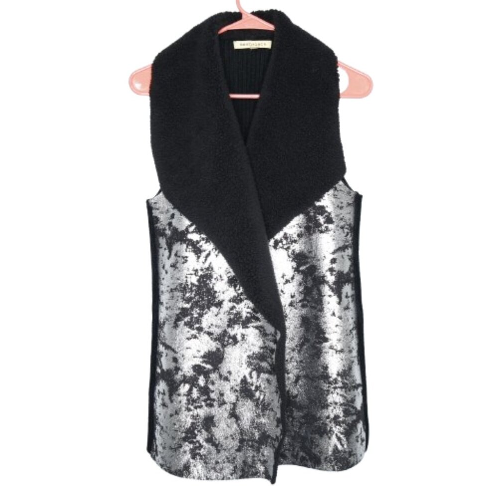 Mesh + Lace Black & Silver Sherpa-Lined Open Front Vest - M. Polyester/Acrylic
